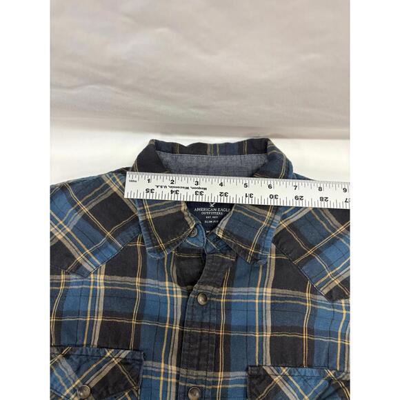 American Eagle Men’s Blu Plaid Snap Button Long Sleeve Shirt With Pockets Size M - Picture 8 of 9